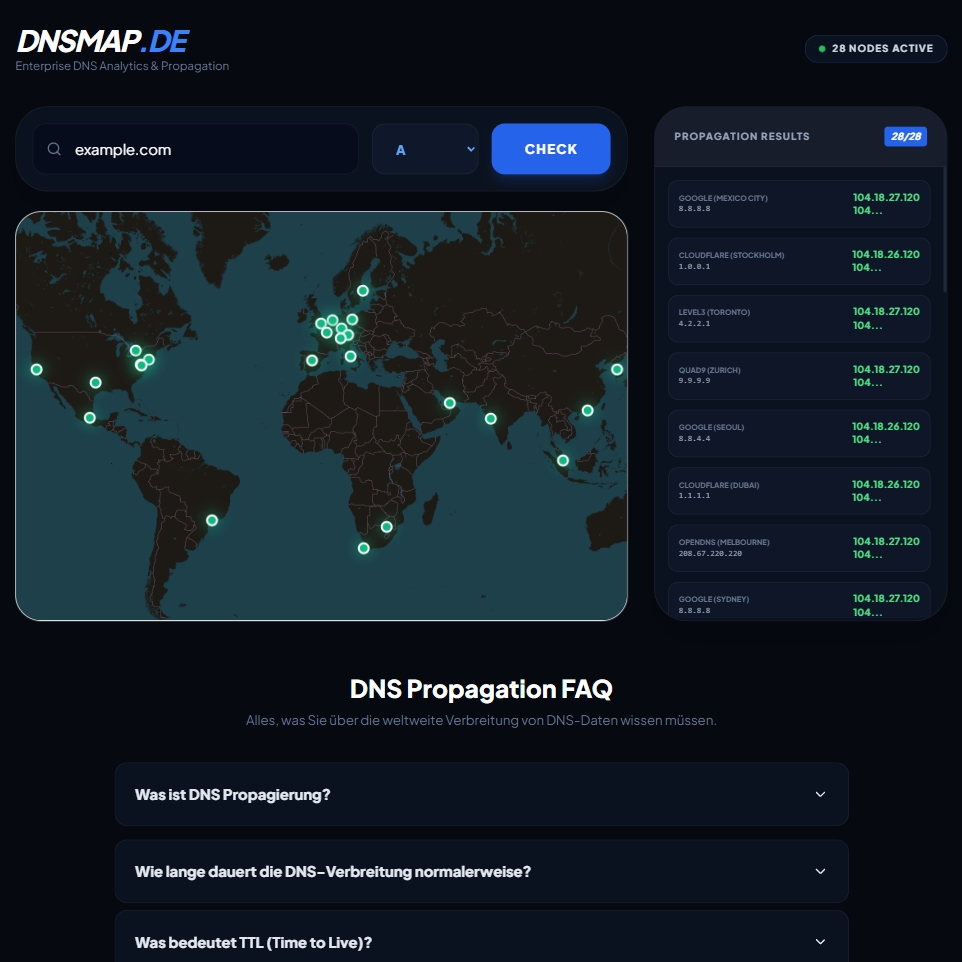 Benutzeroberfläche von DNSMAP.de mit Weltkarte zur DNS-Propagation, Suchfeld für Domains und Liste globaler DNS-Server-Ergebnisse.