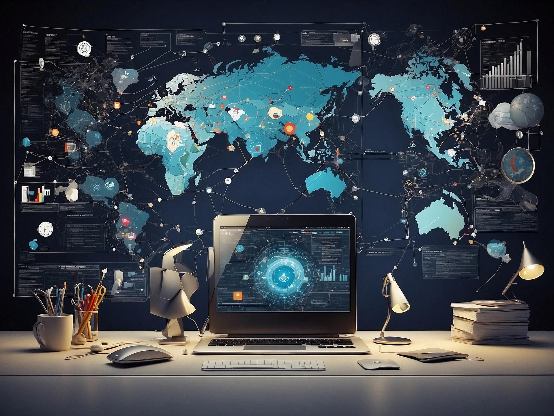Schreibtisch mit offenem Laptop vor einer Weltkarte, die vernetzte Daten- und Technologie-Symbole zeigt.