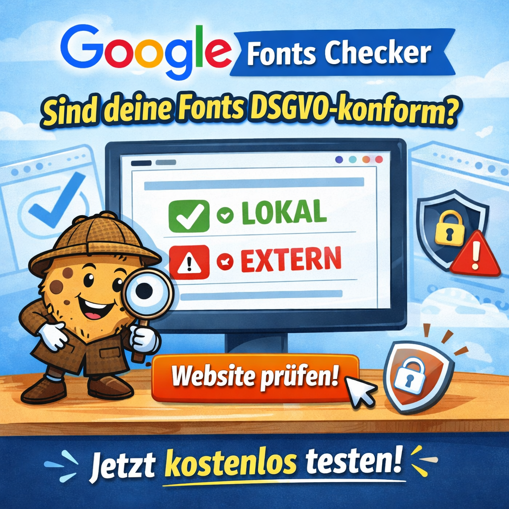 Illustration zum Google Fonts Checker: Bildschirm mit Anzeige „Lokal“ und „Extern“, Call-to-Action „Website prüfen – jetzt kostenlos testen