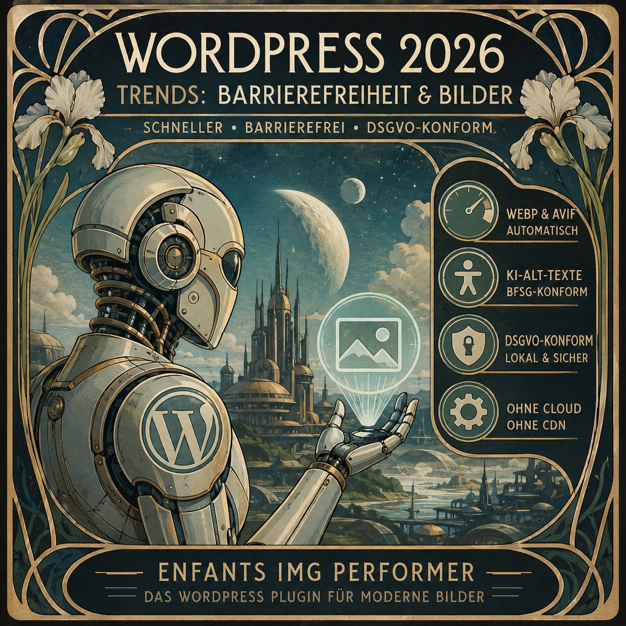 Retro-Sci-Fi-Illustration im Jugendstil: Ein futuristischer Roboter mit WordPress-Symbol betrachtet eine schwebende Bildgrafik vor einer futuristischen Stadtlandschaft. Das Poster bewirbt „WordPress 2026 – Trends: Barrierefreiheit & Bilder“ sowie moderne Bildoptimierung mit WebP, AVIF, KI-Alt-Texten und DSGVO-konformer Verarbeitung.