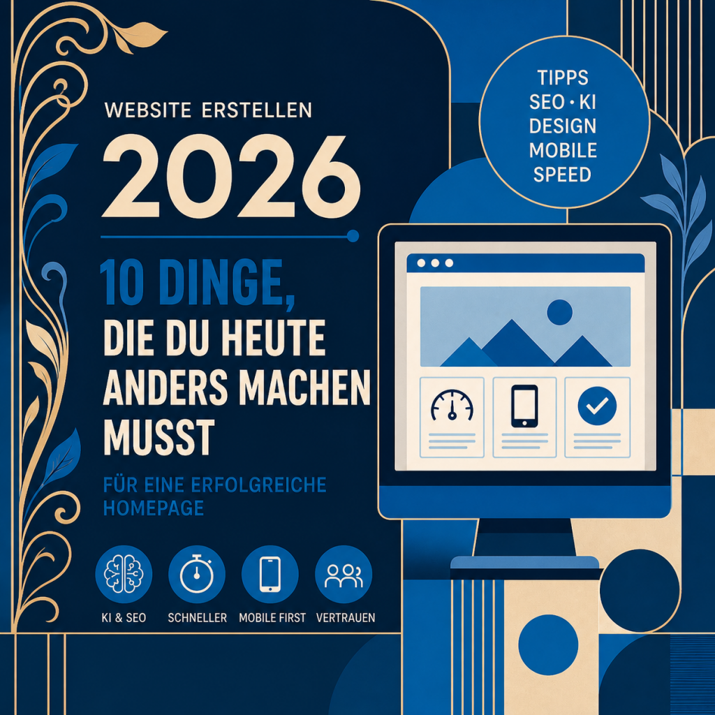 Grafisches Titelbild im Bauhaus- und Jugendstil: „Website erstellen 2026 – 10 Dinge, die du heute anders machen musst“, mit stilisiertem Computer, Icons zu SEO, Geschwindigkeit, Mobile und Vertrauen in Blau- und Beigetönen.