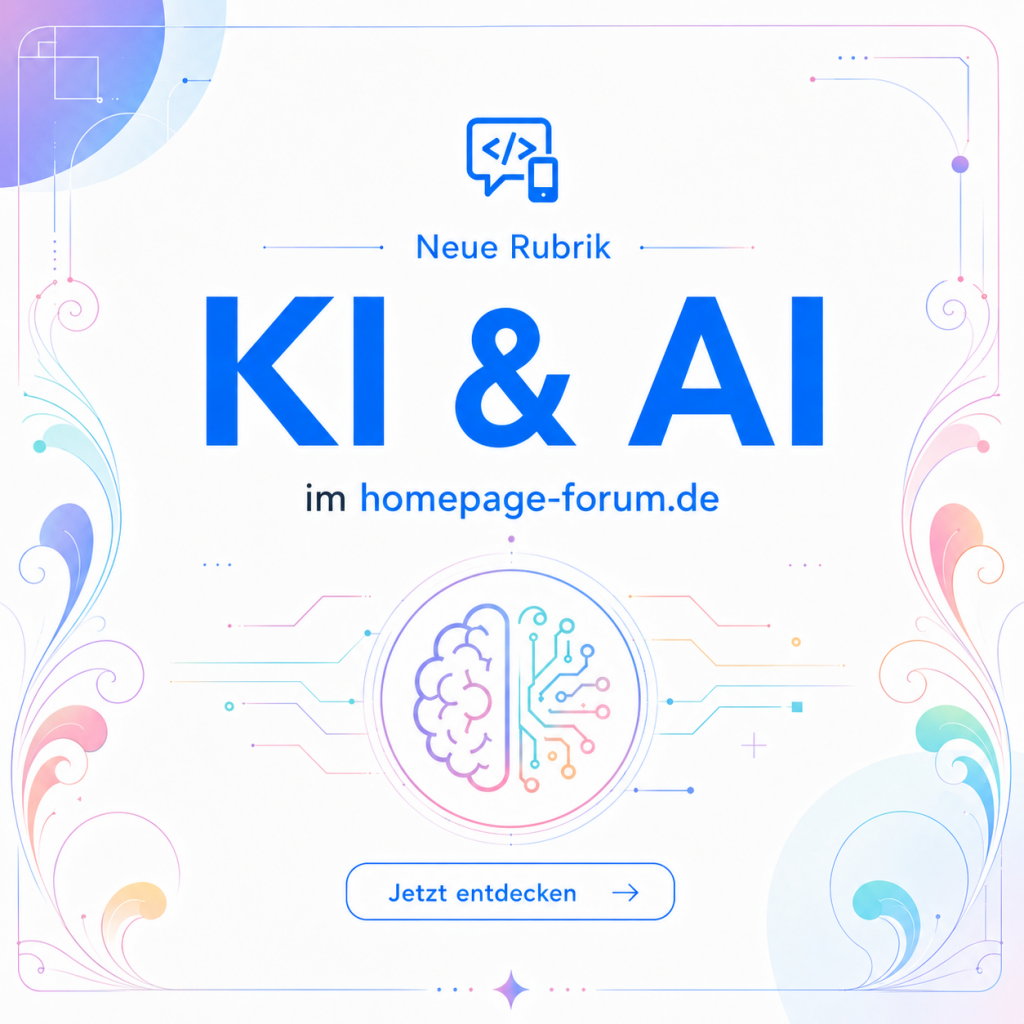 Grafik zur neuen Rubrik „KI & AI“ im homepage-forum.de mit einem stilisierten Gehirn- und Schaltkreis-Symbol in pastelligen Regenbogenfarben.