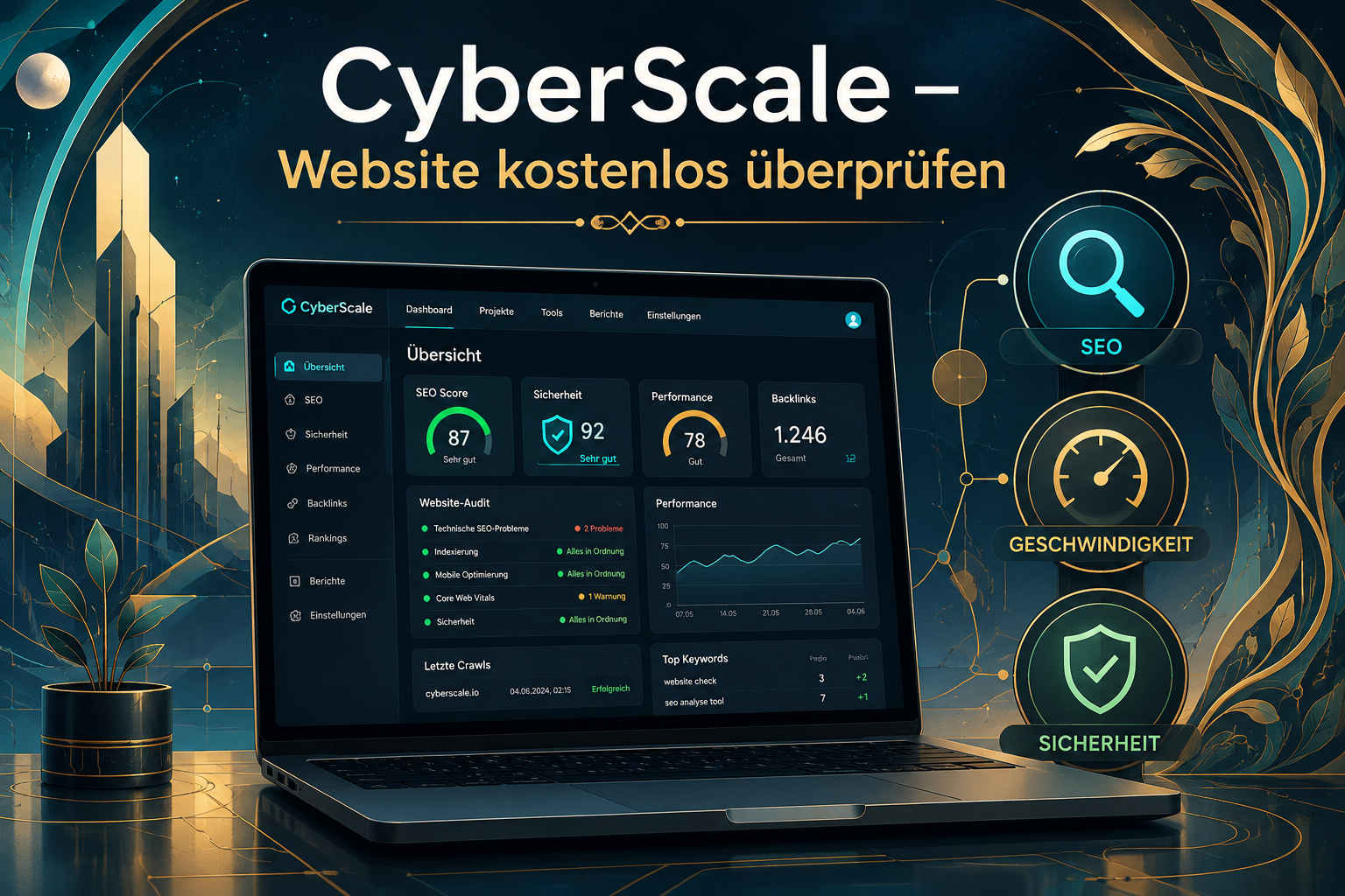 CyberScale – kostenlose Website-Analyse für SEO, Geschwindigkeit und Sicherheit, dargestellt auf einem Laptop mit Analyse-Dashboard und entsprechenden Symbolen.